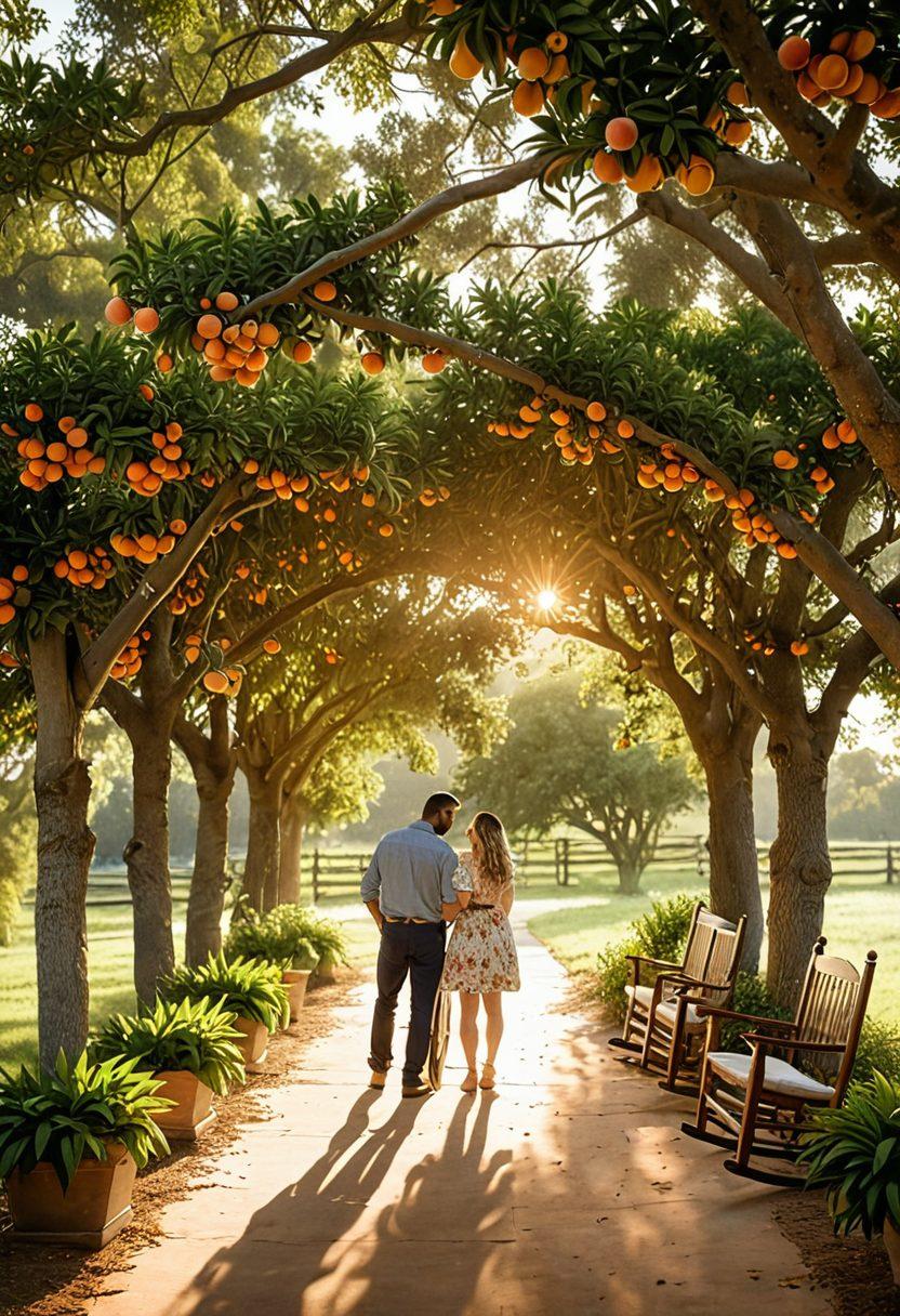 A beautiful peach orchard during golden hour, showcasing a couple finding joy and connection among the trees, surrounded by ripe peaches and soft sunlight filtering through the leaves. Incorporate warm tones and a sense of intimacy, with hints of Georgia's vibrant culture in the background, such as a traditional Southern porch. super-realistic. warm colors. vibrant backgrounds.