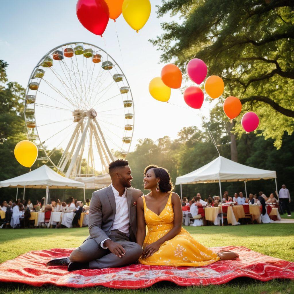 A warm and colorful scene showcasing diverse couples and friends celebrating in a park, surrounded by local Atlanta landmarks like the SkyView Ferris wheel and lush greenery. Include elements of love, such as heart-shaped balloons, picnic setups, and smiles, capturing the essence of community and connection in Atlanta. super-realistic. vibrant colors. cheerful atmosphere.