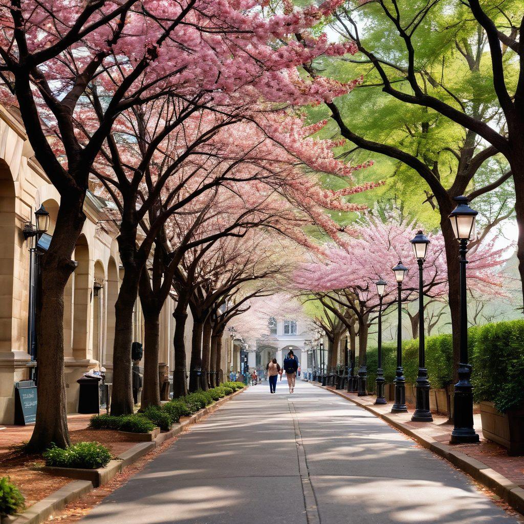 A charming street in Atlanta adorned with blooming cherry blossoms, where couples stroll hand in hand, enjoying romantic moments. The backdrop features historic buildings and lively small cafes, with hints of vibrant community events in the air. Soft sunlight filters through the trees, creating a dreamy atmosphere that embodies love and connection. super-realistic. vibrant colors. romantic style.